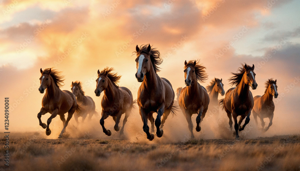 Wild horses gallop through dust and golden sunset light, embodying power and freedom. Wild horses gallop through dust and golden sunset light, embodying power and freedom.