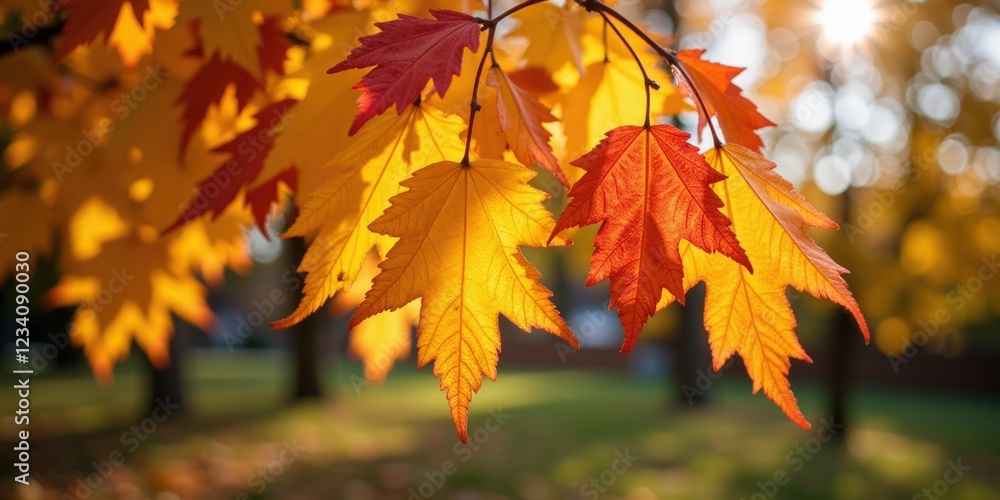 Vibrant orange and yellow maple leaf basks in sunlight, centered with a delicate twist to the left, its hues bursting with autumnal energy Vibrant orange and yellow maple leaf basks in sunlight, centered with a delicate twist to the left, its hues bursting with autumnal energy