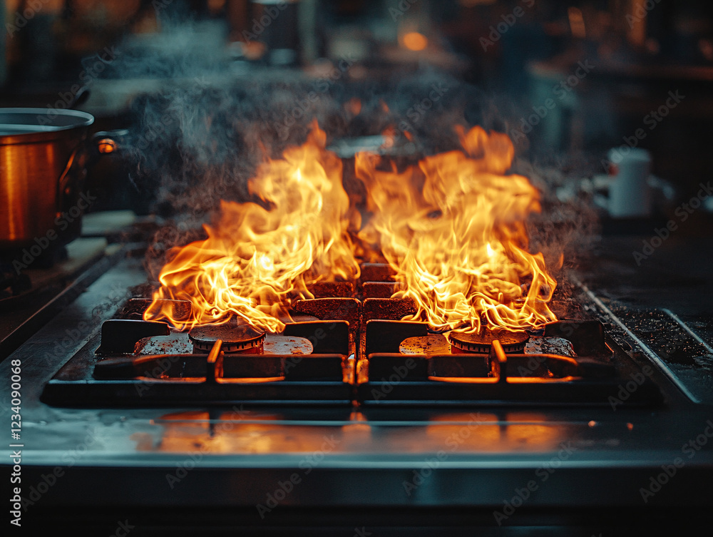 gas stove burner with a strong, bright flame, surrounded by sparks and light reflections. The burner appears to be well-used, with visible signs of wear and residue on the grates. gas stove burner with a strong, bright flame, surrounded by sparks and light reflections. The burner appears to be well-used, with visible signs of wear and residue on the grates.