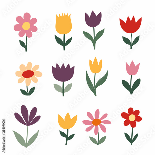 Set of floral elements. Flower and leaves Isolated On White Background	