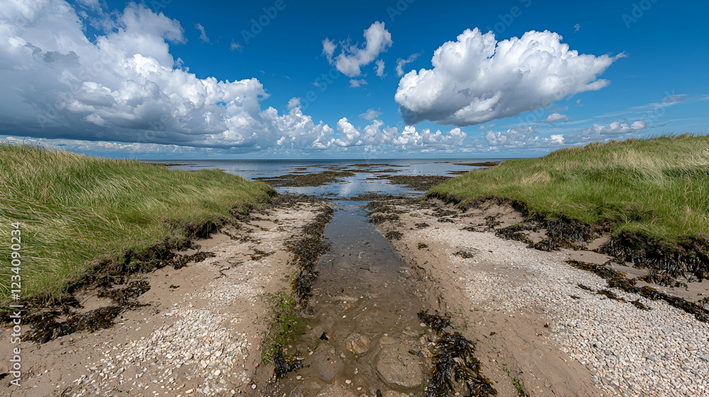 Coastal inlet, sunny sky, beach, seascape, travel Coastal inlet, sunny sky, beach, seascape, travel
