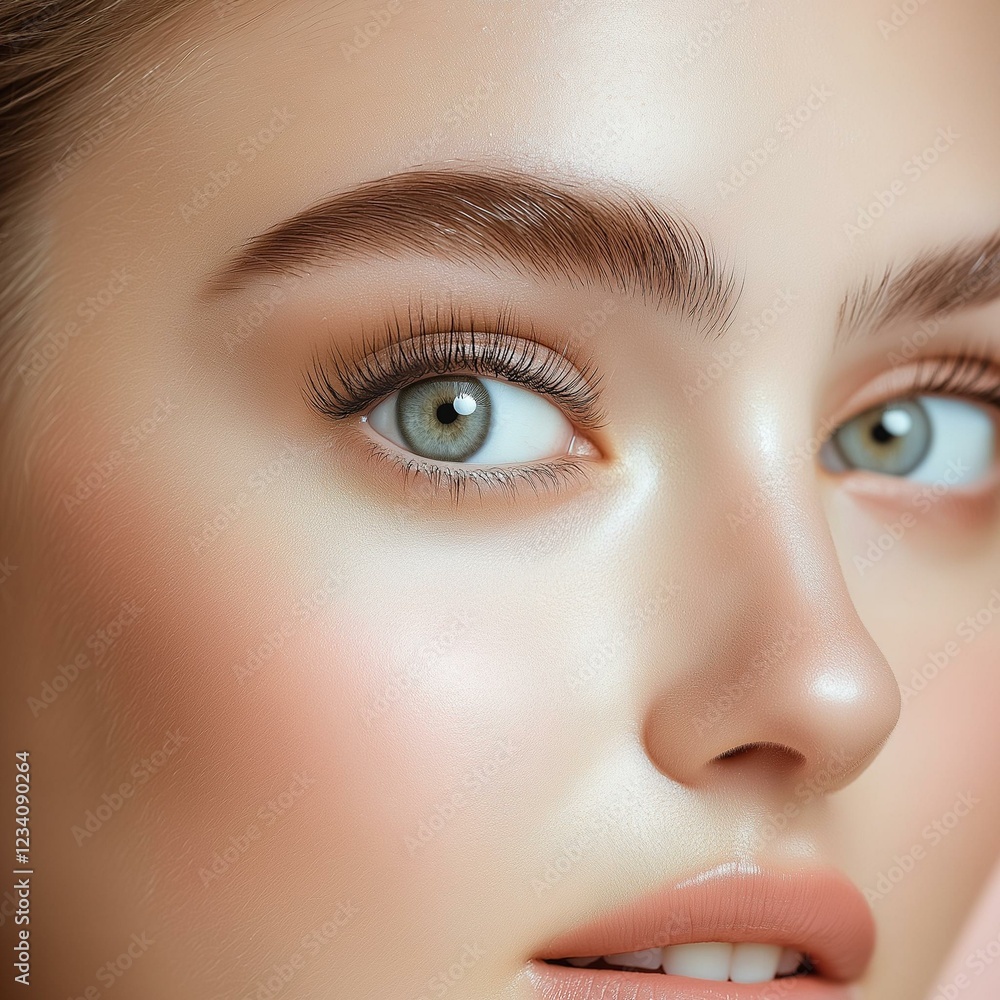 Fototapeta premium A close-up portrait of a young woman with stunning green eyes and glowing skin.
