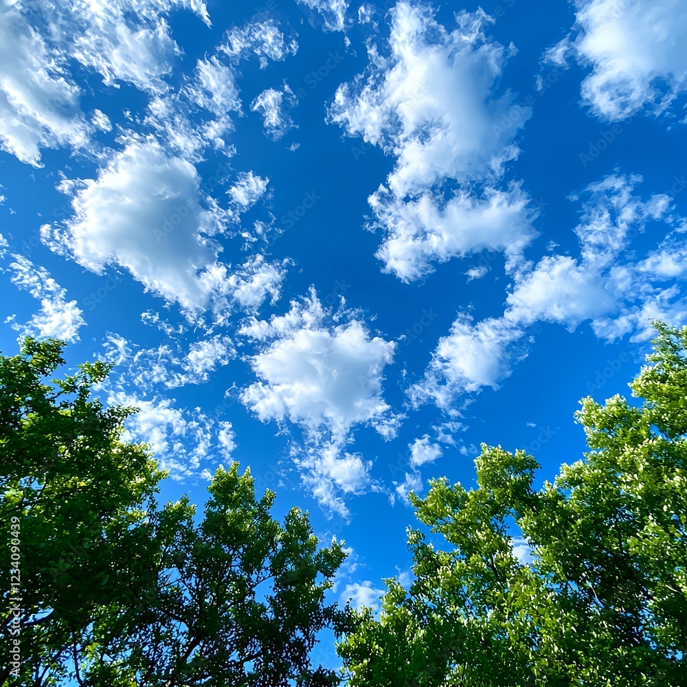Blue Sky with Fluffy White Clouds and Green Treetops Blue Sky with Fluffy White Clouds and Green Treetops