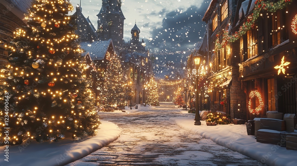 A Magical Snowy Christmas Eve Unfolds In A Charming European Village, Twinkling Lights Adorning Every Building, Casting A Warm Golden Glow On The Freshly Fallen Snow A Magical Snowy Christmas Eve Unfolds In A Charming European Village, Twinkling Lights Adorning Every Building, Casting A Warm Golden Glow On The Freshly Fallen Snow