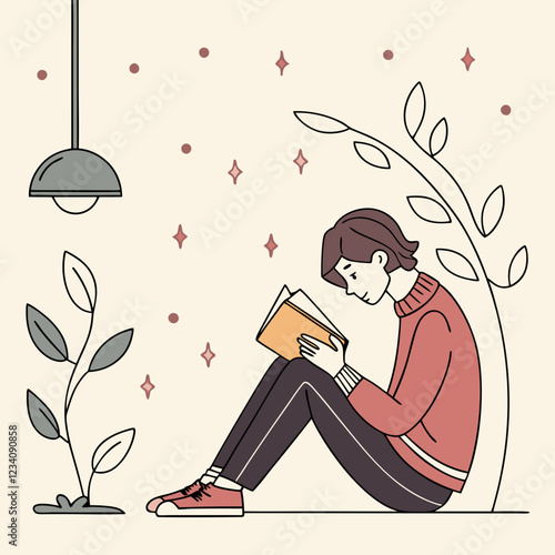 Introverted person reading a book in a cozy indoor setting