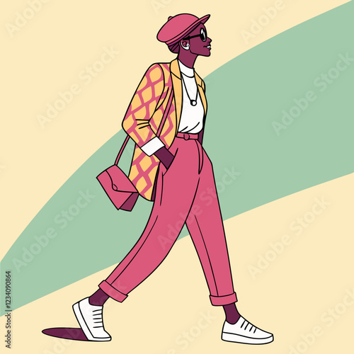Fashionable person walking confidently against a colorful background
