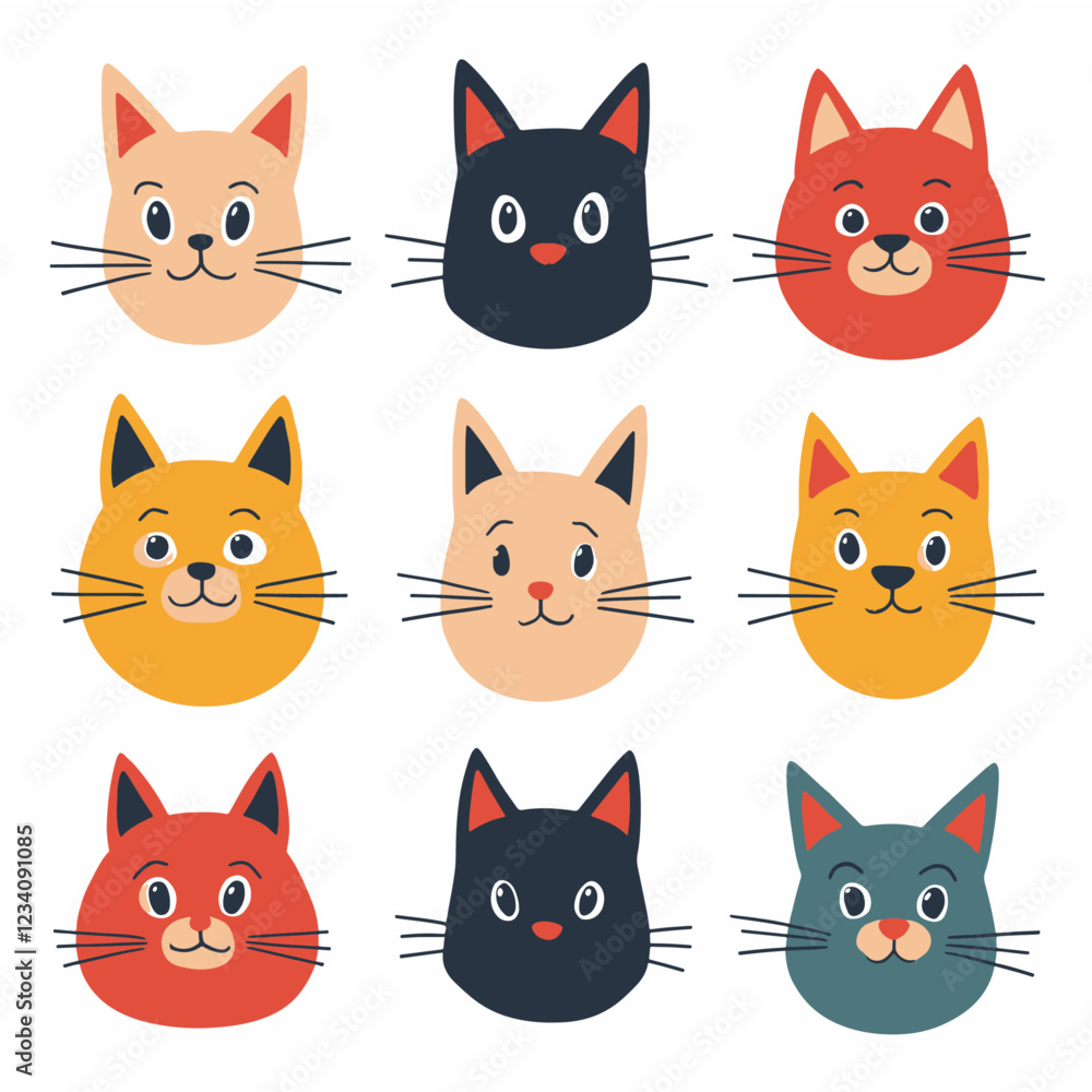 Cats are cartoon and flat colorful, good-natured, in different colors, unusual faces, various poses set. Playful kittens, home pets. Bright butterflies fly around. Vector illustration Cats are cartoon and flat colorful, good-natured, in different colors, unusual faces, various poses set. Playful kittens, home pets. Bright butterflies fly around. Vector illustration