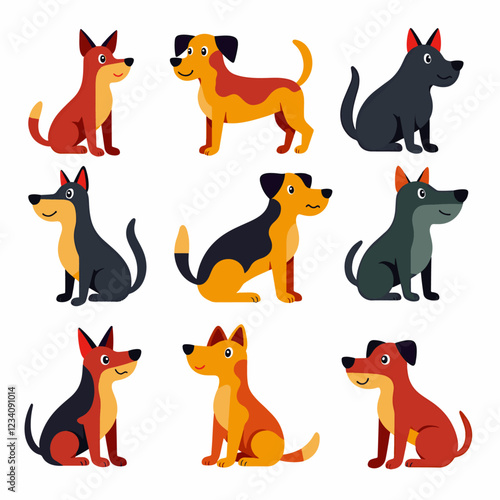 Dogs doodle vector set. Cartoon dog or puppy characters design collection with flat color in different poses. Set of funny pet animals isolated on white background