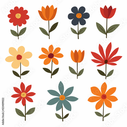 Vector flower collection in simple hand drawn cartoon style. Colorful cute spring flowers set isolated on white. Floral botanical illustration, natural blossom, blooming.