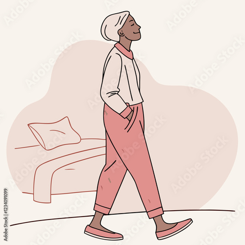 Person in pajamas walking with a smile in a cozy bedroom