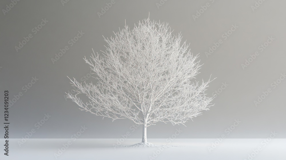 Obraz premium Winter tree, minimalist studio, white branches, grey background, design element