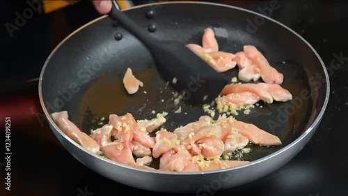 Raw Chicken frying in pan on stove in kitchen