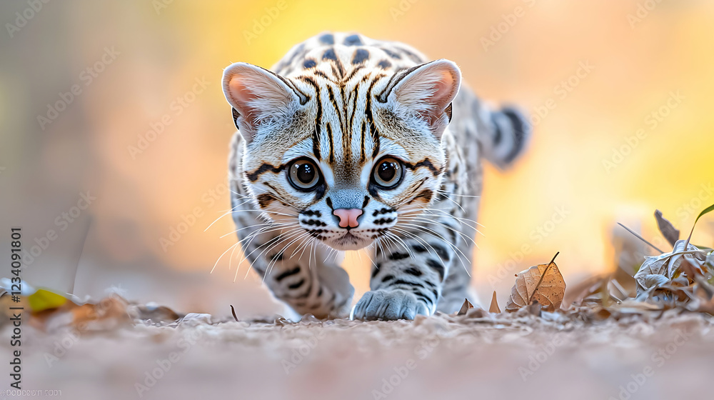 Ocelot kitten walking, autumn leaves, sunset Ocelot kitten walking, autumn leaves, sunset
