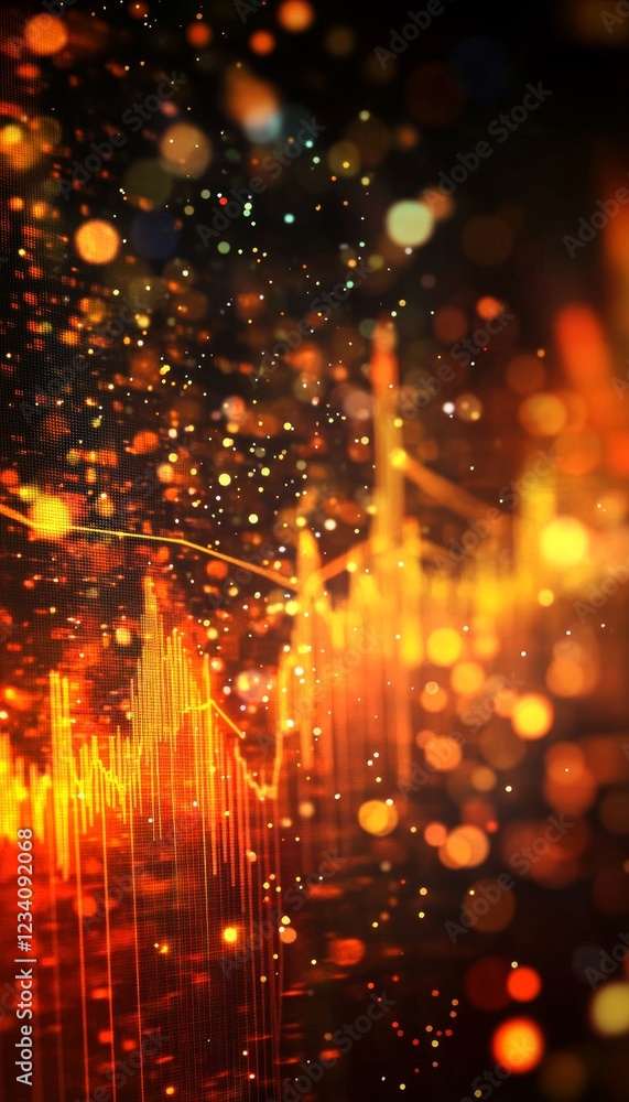 Obraz premium Financial Data Screen with Stock Market Chart, Rising Trend Lines, and City Lights Bokeh Effect