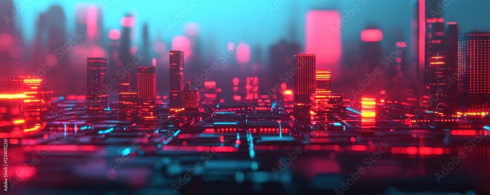 Fototapeta premium Futuristic Cyber Cityscape with Neon Lights and Depth