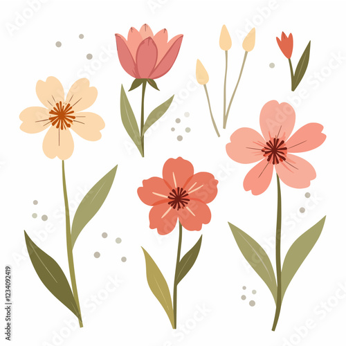 Vector flower collection in simple hand drawn cartoon style. Colorful cute spring flowers set isolated on white. Floral botanical illustration, natural blossom, blooming.
