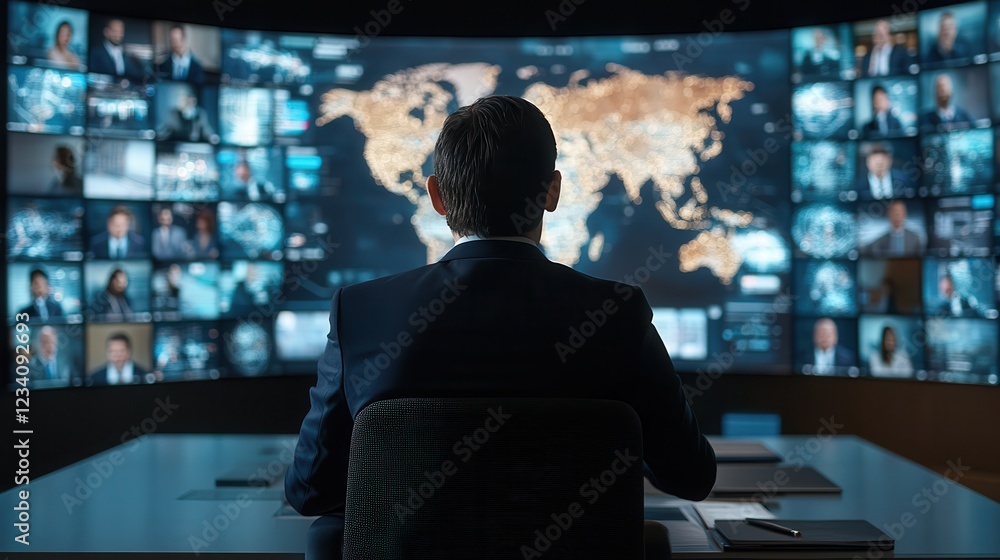 Remote teams thrive with cloud-based tools in their virtual office. Business professional analyzing global data on multiple screens. Remote teams thrive with cloud-based tools in their virtual office. Business professional analyzing global data on multiple screens.