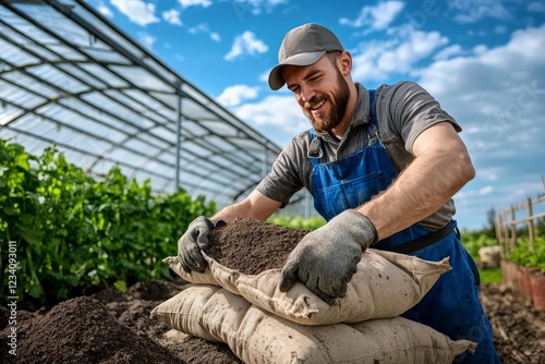 Hardworking Gardener Stacking Bags of Soil in Greenhouse Environment photo