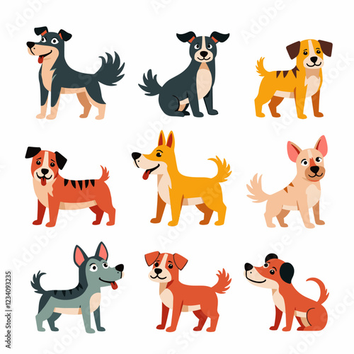 Cute dogs doodle vector set. Cartoon dog or puppy characters design collection with flat color in different poses. Set of funny pet animals isolated on white background.