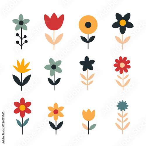 Flowers flat icons. Color vector illustration. Different flowers with green leaves vector illustration. Logo symbols for ui design and business promotion