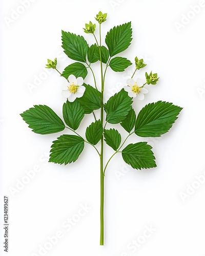 Green Stem with Delicate White Flowers and Serrated Leaves on White