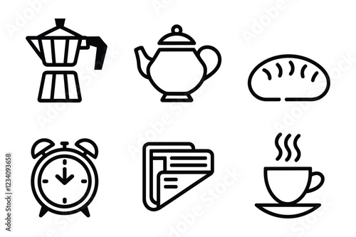 Breakfast and Morning Routine Line Icons – Coffee Pot, Teapot, Bread, Alarm Clock, Newspaper, Coffee with Croissant