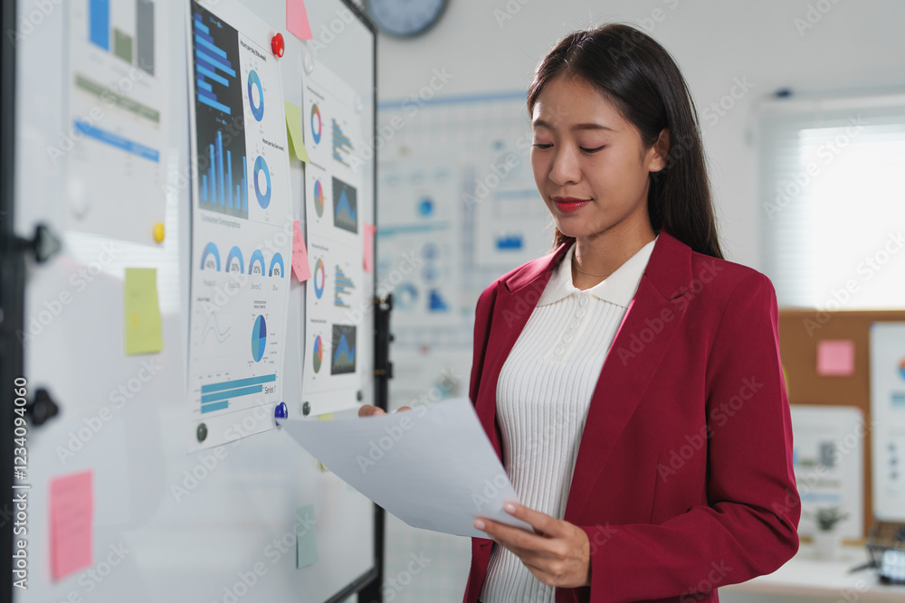 Young professional woman reviewing documents and analyzing data on charts and graphs displayed on whiteboard, contributing to strategic decision-making in business meeting Young professional woman reviewing documents and analyzing data on charts and graphs displayed on whiteboard, contributing to strategic decision-making in business meeting