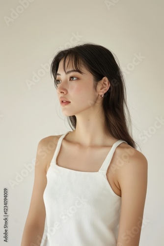 Chubby jaoanese woman wearing a white tank top with a square neckline background portrait female. photo