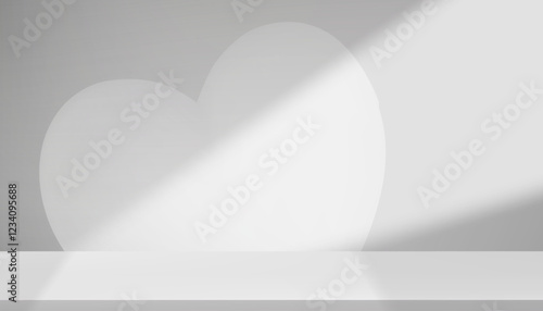 White Background,Studio wall grey with heart shape shadow on floor podium for Valentine product presentation  Empty room with spring bright light.Vector minimal backdrop display for Mothers day card