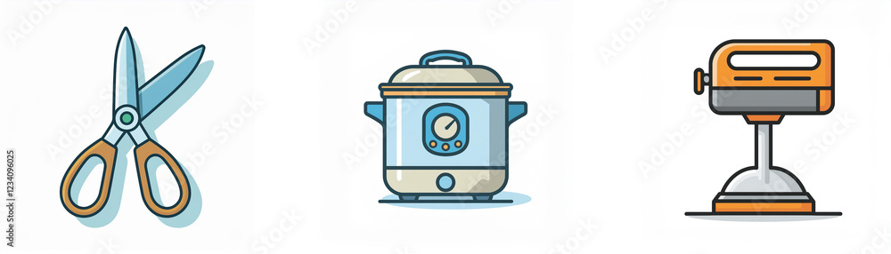 Illustration of kitchen tools: scissors, slow cooker, and hand mixer. Perfect for cooking and crafting. Illustration of kitchen tools: scissors, slow cooker, and hand mixer. Perfect for cooking and crafting.