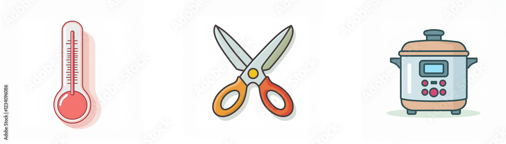 A thermometer, scissors, and a slow cooker are depicted in a simple, flat-style illustration. These everyday objects suggest various activities and tasks. A thermometer, scissors, and a slow cooker are depicted in a simple, flat-style illustration. These everyday objects suggest various activities and tasks.