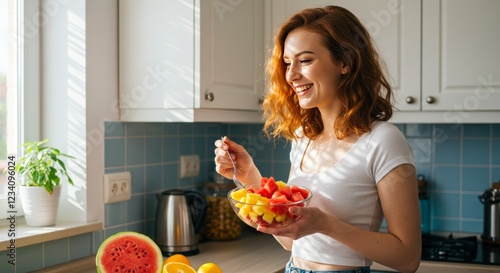 A Smiling woman in a bright kitchen holding a bowl of cut fresh fruits