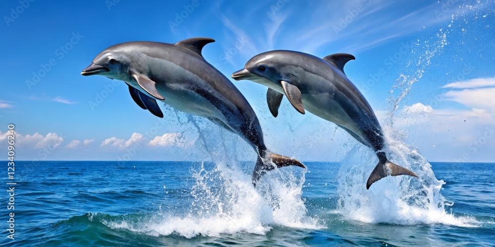 Obraz premium Dolphins Jumping Above Ocean Waves Under Clear Blue Sky