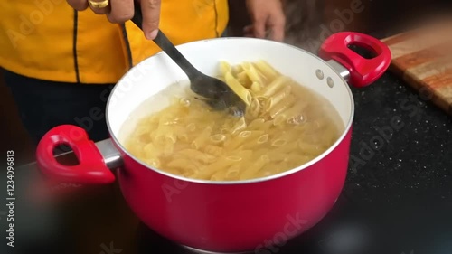 Raw pasta boiling in pot on stove top view