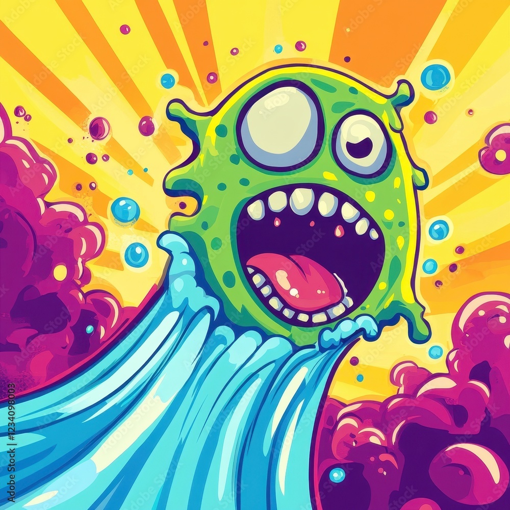 Groovy Green Monster Surfs a Colorful Wave