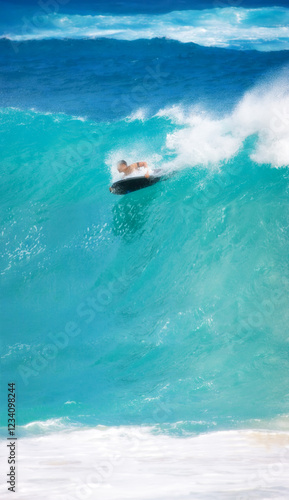 Canvas Print Man, board and surfing waves in sea, holiday fitness and tropical adventure on island of Hawaii