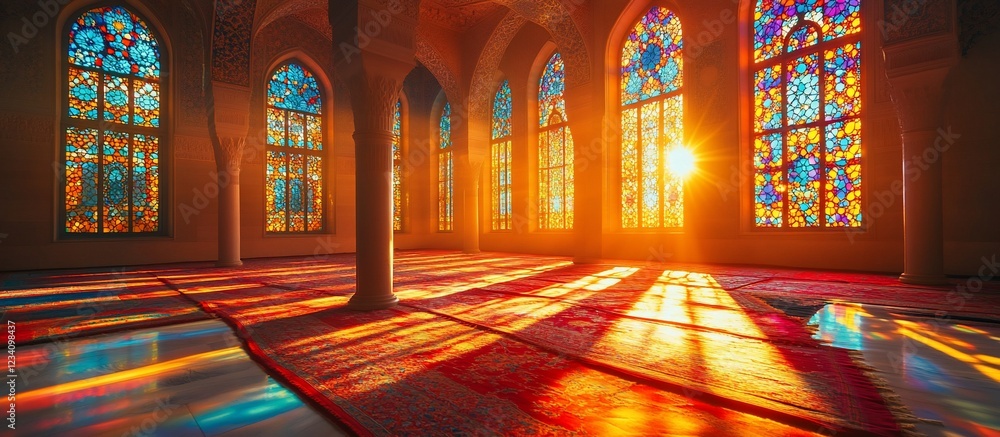 Obraz premium Vibrant sunlight streaming through stained glass windows in a serene mosque interior