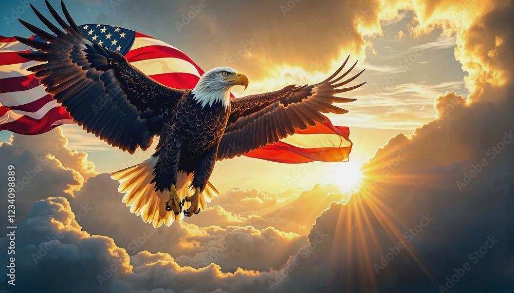 Obraz premium Eagle carrying American flag through a glowing sky symbolizing liberty and strength