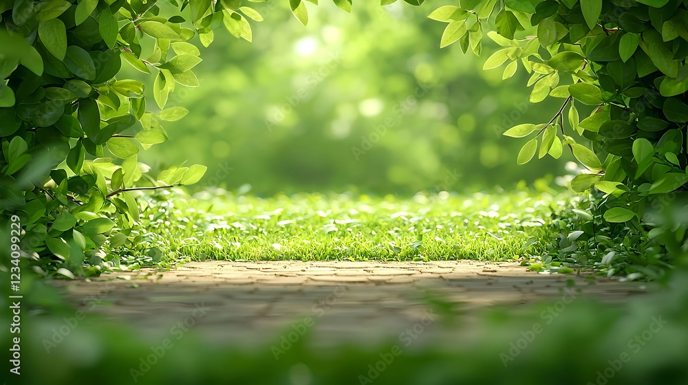 Fototapeta premium Bright Sunlight Illuminates Lush Green Pathway Through