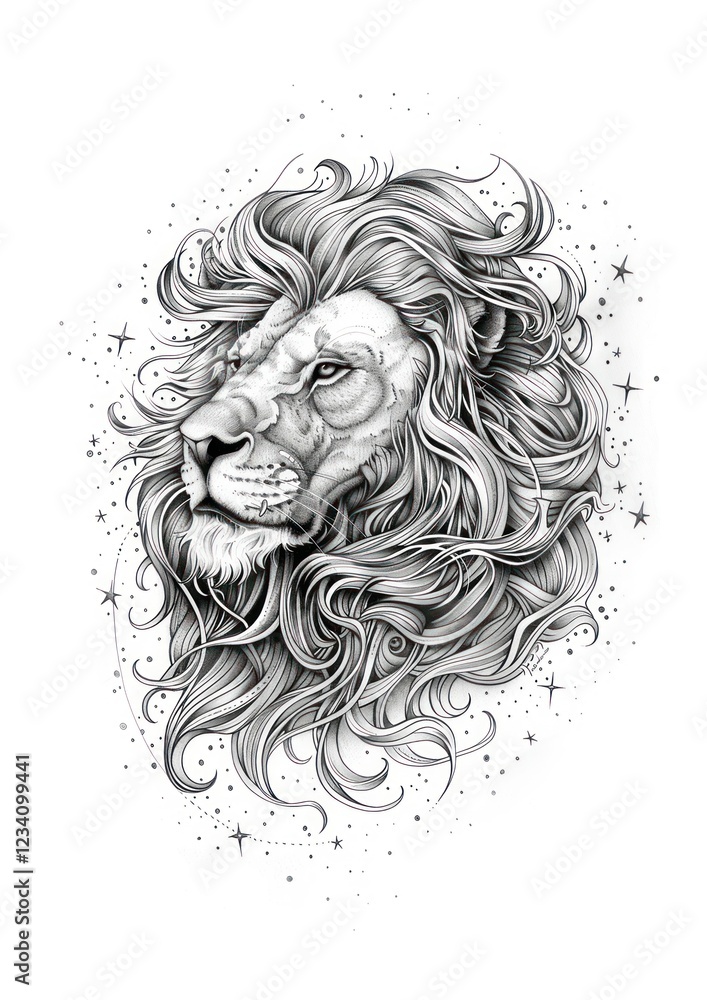 Celestial illustration of Lion with Stars majestic drawing white. Celestial illustration of Lion with Stars majestic drawing white.