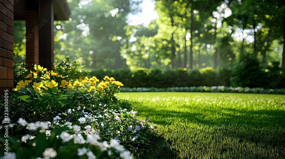 Fototapeta premium Bright Sunlight on Lush Green Garden with Yellow and White