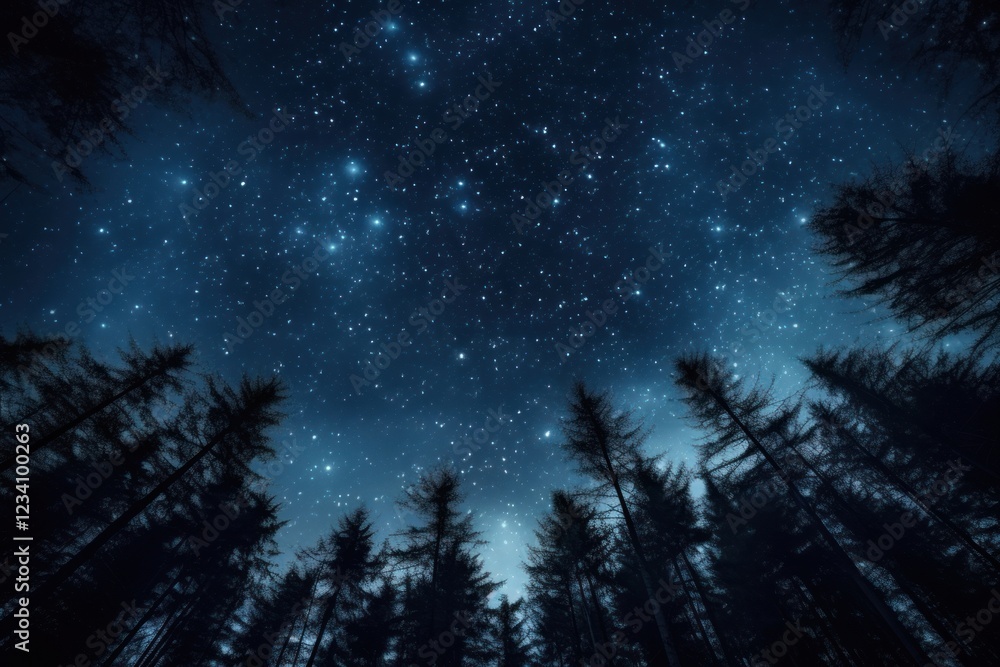 Naklejka premium Night sky in the wood stars trees vegetation.