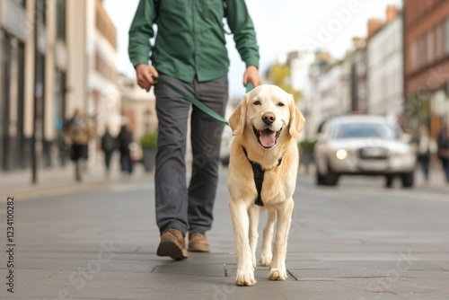 Golden retriever guide dog leads his blind owner down the street. Concept: inclusivity, diversity, support, Disabled person 