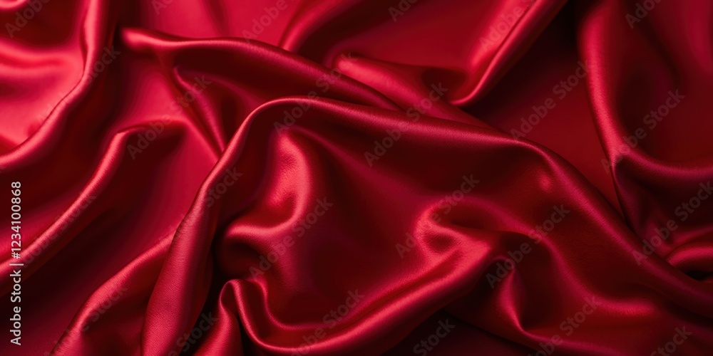 Obraz premium Vibrant, deep red satin fabric exudes elegance with its smooth, glossy finish. Its rich colors are accentuated by dramatic folds and subtle shadows, creating a mesmerizing contrast