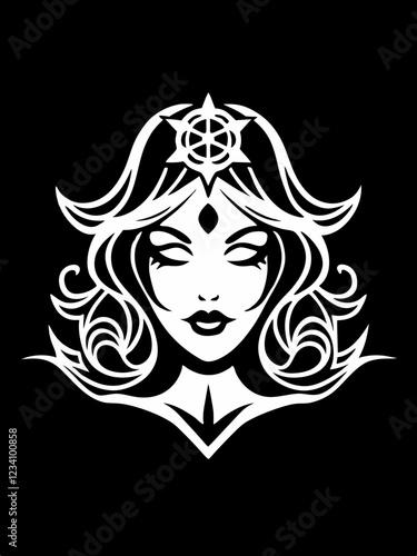 Tribal Goddess Face Design with Symbolic Elements and Mystical Aura