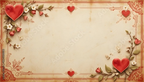 Vintage Valentine's Day frame background with hearts and aged paper texture, perfect for banners, templates, and greeting cards with copy space