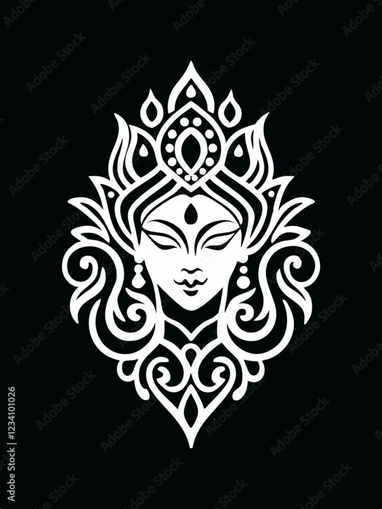 Intricate Tribal Goddess Face Design with Decorative Elements and Symmetrical Patterns Intricate Tribal Goddess Face Design with Decorative Elements and Symmetrical Patterns