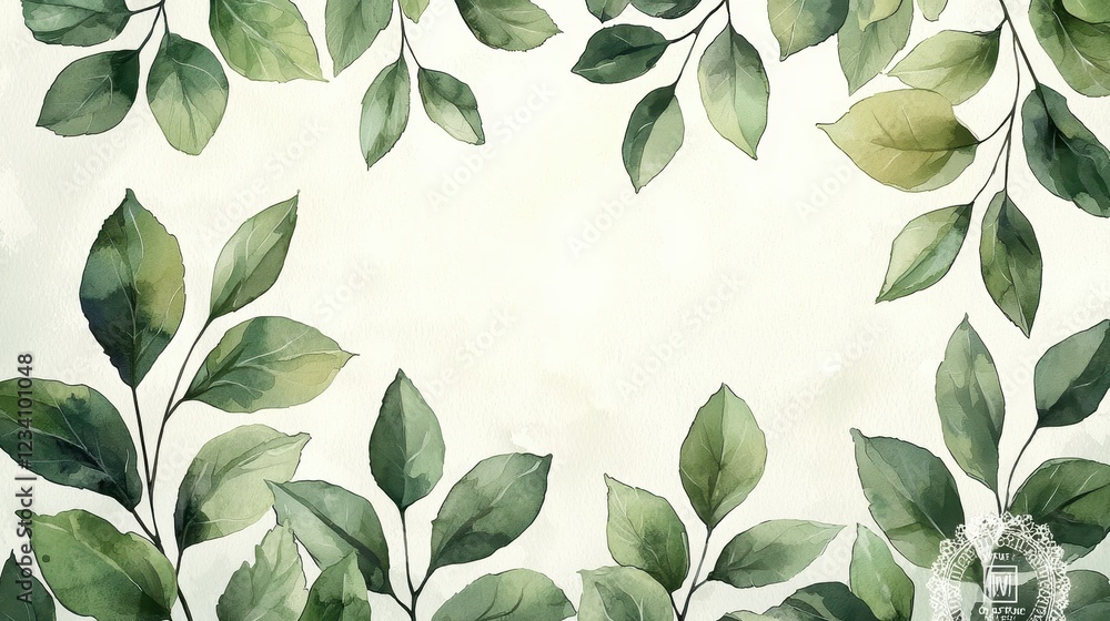 Fototapeta premium A watercolor illustration of green leaves framing a light background.