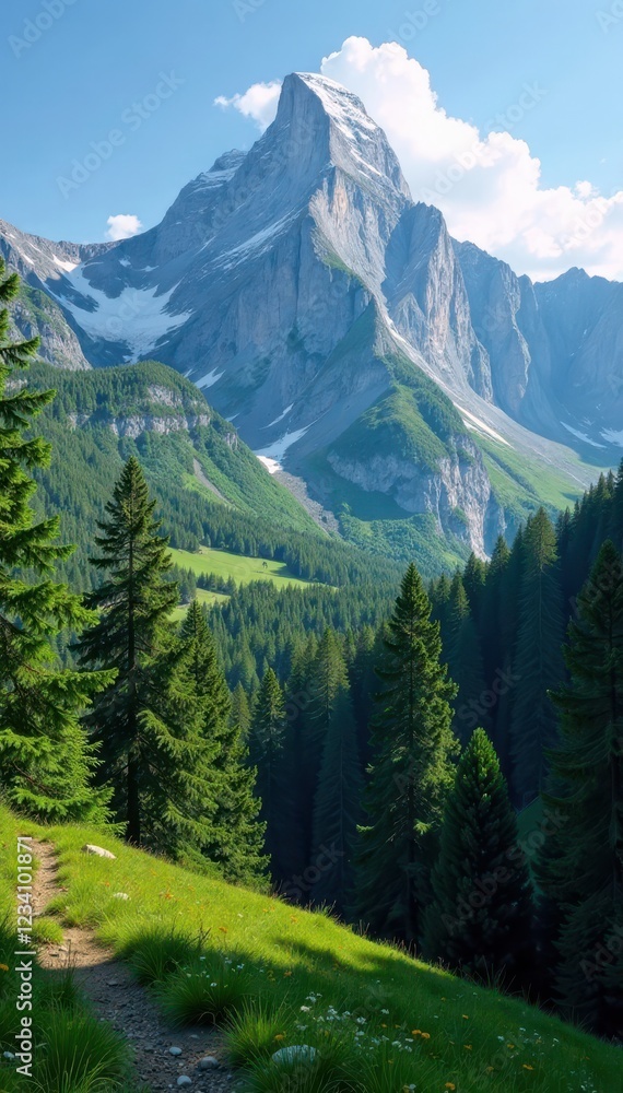 Fototapeta premium Majestic granite peaks rise above emerald forest, earthy, landscape, mountain
