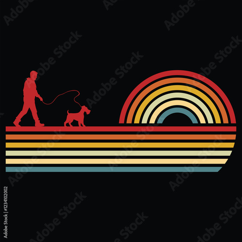 Vintage Sunset Background with Welsh Terrier Dog Silhouette
